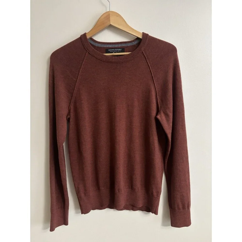 Banana Republic Mens Merino Wool Crew Neck Sweater Rust Orange Red Italian Small